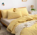 JELLYMONI 100% Natural Cotton 3pcs Striped Duvet Cover Sets,White Duvet Cover with Yellow Stripes Pattern Printed Comforter Cover,with Zipper Closure & Corner Ties(Cal King Size) - Image 4