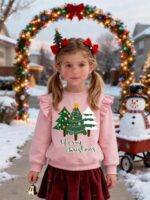 Girl Sweatshirts Christmas Toddler Crewneck Long Sleeve Pullover Snowman Cotton Santa Claus Graphic Top Sweater Top 2-7T - Image 4