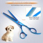 7.0in Titanium Professional Pet Grooming Scissors Set, GEMEK 6 in 1 Straight & Thinning & Upwards Curved & Downwards Curved Scissors & Comb for Dogs, Cats (Blue) - Image 4