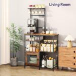 SWTYMIKI Bakers Rack with Storage - Coffee Bar Cabinet Organizer with 8 Hooks, Shelves & Cabinet Door, Coffee Station for Kitchen Dining Room, Microwave Stand with Adjustable Feet, Espresso - Image 5