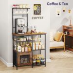 SWTYMIKI Bakers Rack with Storage - Coffee Bar Cabinet Organizer with 8 Hooks, Shelves & Cabinet Door, Coffee Station for Kitchen Dining Room, Microwave Stand with Adjustable Feet, Espresso - Image 6