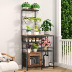 SWTYMIKI Bakers Rack with Storage - Coffee Bar Cabinet Organizer with 8 Hooks, Shelves & Cabinet Door, Coffee Station for Kitchen Dining Room, Microwave Stand with Adjustable Feet, Espresso - Image 9