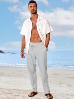 TAFLE Mens Linen Pants Casual Summer Beach Pants Elastic Waist Drawstring Lightweight Vacation Trousers with Pockets - Image 3