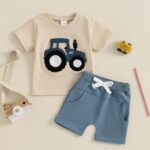 FYBITBO Toddler Baby Boys Easter Outfit Bunny Tractor Tshirt Short Sleeve Tops Solid Shorts Summer Outfits Clothes Set - Image 3