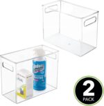 mDesign Tall Plastic Office Storage Bin with Handles - Organizer Bins for Cabinets, Drawers, Desks, Workspace - Containers and Baskets for Pens, Pencils, Highlighters and Notebooks - 2 Pack - Clear - Image 3