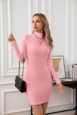 VICHYIE Women Mock Neck Ribbed Bodycon Dress Long Sleeve Mini Pencil Dresses - Image 4
