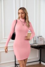 VICHYIE Women Mock Neck Ribbed Bodycon Dress Long Sleeve Mini Pencil Dresses - Image 8