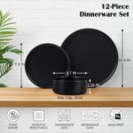 E-far Stoneware Dinnerware Sets, 12-Piece Plates and Bowls Dish Set for 4, Kitchen Modern Dinning Ware, Chip and Scratch Resistant, Microwave & Dishwasher Safe, Matte Black - Image 3