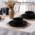 E-far Stoneware Dinnerware Sets, 12-Piece Plates and Bowls Dish Set for 4, Kitchen Modern Dinning Ware, Chip and Scratch Resistant, Microwave & Dishwasher Safe, Matte Black - Image 4