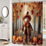 Fall Maple Leaf Pumpkin Shower Curtain, Halloween Scarecrow Autumn Forest Bathroom Curtains, Waterproof Polyester Fabric Sets Home Decor, 72x72 Inch - Image 3