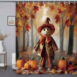 Fall Maple Leaf Pumpkin Shower Curtain, Halloween Scarecrow Autumn Forest Bathroom Curtains, Waterproof Polyester Fabric Sets Home Decor, 72x72 Inch - Image 5