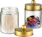 Amolliar 4 Pack Apothecary Jars Bathroom Vanity Storage Organizer Set -Countertop Canister with Stainless Steel Lids &Cute Stickers - Qtip Dispenser Holder for Qtips,Cotton Swabs,Makeup Sponges(Gold) - Image 3