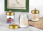 Amolliar 4 Pack Apothecary Jars Bathroom Vanity Storage Organizer Set -Countertop Canister with Stainless Steel Lids &Cute Stickers - Qtip Dispenser Holder for Qtips,Cotton Swabs,Makeup Sponges(Gold) - Image 8