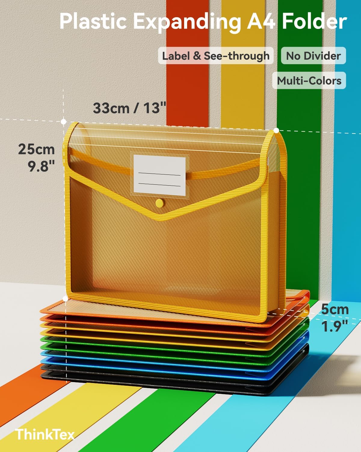ThinkTex Plastic Expanding File Folder, Transparent Envelopes with Snap Closure, No Dividers, Large Capacity, Assorted Colors, Fits Letter / A4 Size - 5 Pack - Image 3