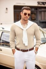 COOFANDY Mens Sweaters Polos Long Sleeve V Neck Knit Polo Lightweight Casual Pullover Sweater - Image 3