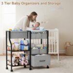 Baby Diaper Caddy Organizer and Storage, 3 Tier Rolling Cart with Dividers and Drawers, Mobile Utility Cart with Wheels for Nursery, Bedroom, Baby Newborn Essentials Storage Cart, Black - Image 5