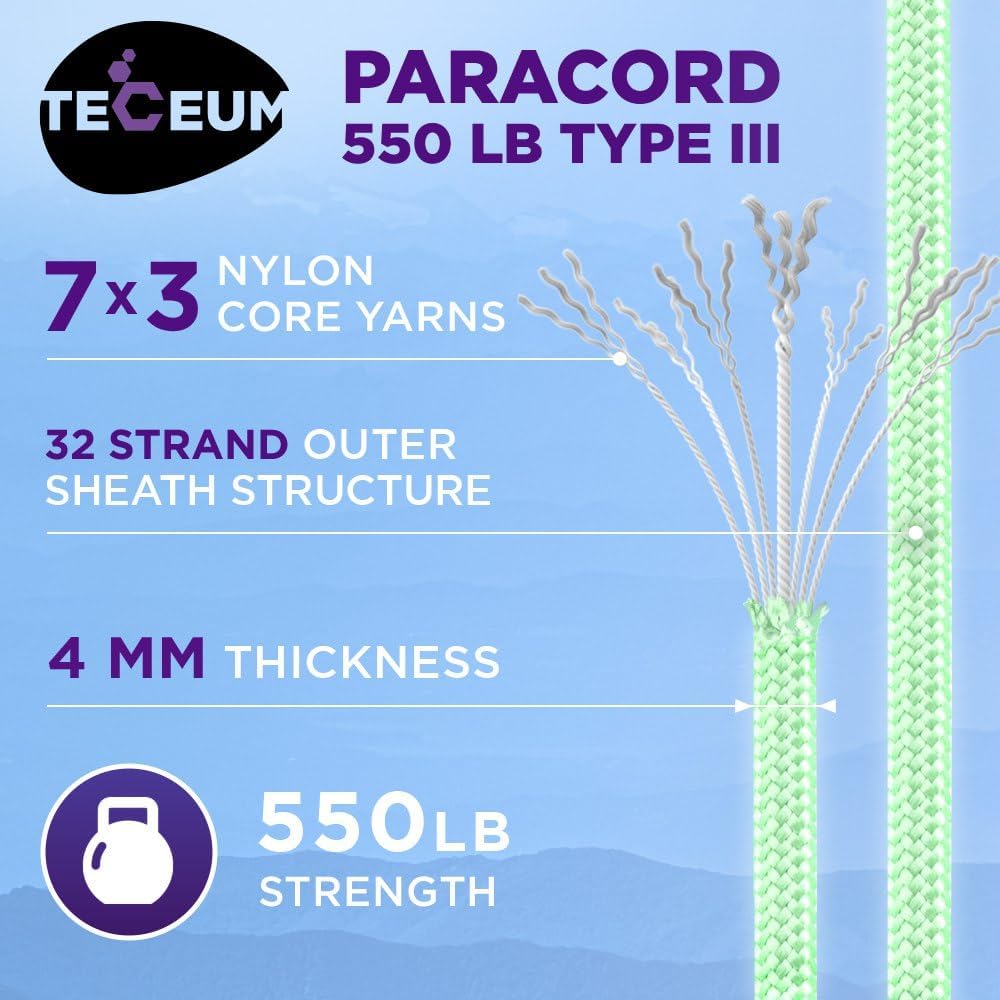 TECEUM Reflective Paracord Rope 1000 – 1000ft/200ft/100ft/50ft – 40+ Colors – Glow in The Dark – para Cord – Utility Rope for Survival, Hunting & Camping Gear – Nylon String, Camping Rope, Tent Cord - Image 4