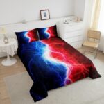 Blue Red Black Comforter Set Queen Abstract Art Lightnings Gamer Bedding Sets for Boys Girls Men Women,Lightning Fire and Water Print Down Comforter,Hippie Style Patchwork Quilt Game Room Decor - Image 4