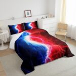 Blue Red Black Comforter Set Queen Abstract Art Lightnings Gamer Bedding Sets for Boys Girls Men Women,Lightning Fire and Water Print Down Comforter,Hippie Style Patchwork Quilt Game Room Decor - Image 5