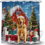 Winter Christmas Shower Curtain Funny Golden Retriever Dog Snowman Pine Tree Xmas Tree Ball Snowflake Rustic Farmhouse Nature Snow Scenery Holiday New Year Bathroom Curtain with Hook - Image 3