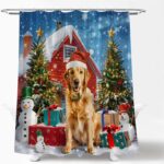 Winter Christmas Shower Curtain Funny Golden Retriever Dog Snowman Pine Tree Xmas Tree Ball Snowflake Rustic Farmhouse Nature Snow Scenery Holiday New Year Bathroom Curtain with Hook - Image 4