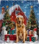 Winter Christmas Shower Curtain Funny Golden Retriever Dog Snowman Pine Tree Xmas Tree Ball Snowflake Rustic Farmhouse Nature Snow Scenery Holiday New Year Bathroom Curtain with Hook - Image 5
