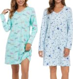 2 Pack Long Sleeve Nightgowns for Women Soft Cotton Night Gowns Sleepwear V Neck Nightshirts - Image 2