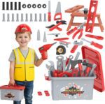 58-Piece Kids Tool Set with Realistic Power Toy Drill & Tool Box & DIY Stickers, Kids Construction Kits, STEM Pretend Play Boy Toys, for Toddlers Boy Ages 3-8 - Image 2