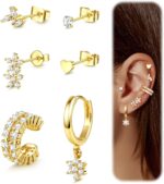6PCS 14k Gold Plated Hoop Earrings Stacks for Women Trendy Small Chunky Huggie Earring CZ Cartilage Stud Earrings Hypoallergenic Dangle Chain Earrings for Multiple Piercing - Image 2