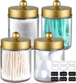 Amolliar 4 Pack Apothecary Jars Bathroom Vanity Storage Organizer Set -Countertop Canister with Stainless Steel Lids &Cute Stickers - Qtip Dispenser Holder for Qtips,Cotton Swabs,Makeup Sponges(Gold) - Image 2