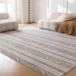 Area Rug 6x9 Washable Rug Taupe Stripes Vintage Traditional Floor Cover Foldable Thin Retro Accent Indoor Distressed Non Slip Carpet Floral Print Mat Bedroom Living Room Bathroom - Image 2