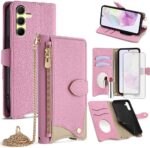 Asuwish Phone Case for Samsung Galaxy A35 5G Wallet Cover with Tempered Glass Screen Protector and Mirror PU Leather Flip Cover Credit Card Holder Slot Stand Crossbody Strap Cell A 35 35A A355G Pink - Image 2