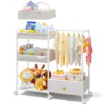 BBLIKE 3in1 Diaper Caddy Organizer - Diaper Caddy & Rolling Diaper Cart with Kids Clothing Rack for Nursery and Baby Essentials, Multi-Function Utility Cart for Bedroom and Bathroom, White - Image 2