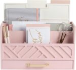 BLU MONACO Pink Wooden Desk Organizer With Storage Drawer and Gold Handle | Desktop Mail Sorter and Stationery Holder for Home Office | 4.6” x 12.4” x 7.5” Multi-Compartment Accessory Organizer - Image 2