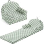 Blissful Diary Foldable Toddler Couch, 2-in-1 Comfy Toddler Chair & Lounger for Reading, Playroom, Kids Couch Sofa for Girls Boys Birthday Gift, Sage Checkered - Image 2