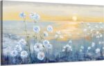 Blue Ocean Sunset Canvas Wall Art for Living Room Abstract Seascape Painting Coastal Beach Wildflowers Picture Natural Sea Landscape Print Sunrise With Yellow Orange Sky Seaside Artwork 20x40inch - Image 2