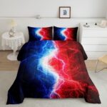 Blue Red Black Comforter Set Queen Abstract Art Lightnings Gamer Bedding Sets for Boys Girls Men Women,Lightning Fire and Water Print Down Comforter,Hippie Style Patchwork Quilt Game Room Decor - Image 2