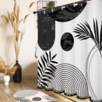 Boho Mid Century Leaf Shower Curtain Set,Arch Sun Design,Minimalistic Leaves Pattern,Waterproof and Luxurious Fabric-12 Hooks(Black-72" x 96") - Image 2