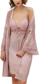 Brosloth Women's Silk Satin Robe Sets 2 Piece Sexy Pajamas Set Sheer Lace Cami Nightgown Lingerie and Silky Robes - Image 2