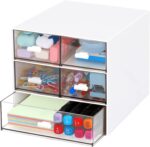 Desk Organizer with 5 Drawers, Rectangular Office Stationery Supplies Desktop Drawers, Plastic Makeup Storage, Suitable for Office, School, Home (White & 5 Drawers) - Image 2