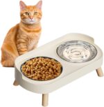 Elevated Cat Bowl, Raised Cat Food and Water Bowl Set for Indoor Cats, Splash Proof with 2 Stainless Steel Pet Food Bowls for Cats and Puppies, Whisker Fatigue and Dishwasher Safe - White - Image 2