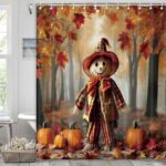 Fall Maple Leaf Pumpkin Shower Curtain, Halloween Scarecrow Autumn Forest Bathroom Curtains, Waterproof Polyester Fabric Sets Home Decor, 72x72 Inch - Image 2
