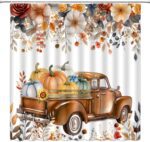 Fall Shower Curtain Autumn Pumpkin Truck Orange Floral Leaves Harvest Thanksgiving Fabric Bathroom Decor Sets with Hooks,71W x71H - Image 2