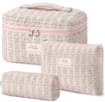 HBselect Quilted Makeup Bag, 3PCS Cotton Large Travel Makeup Bag, Cute Floral Coquette Make up Bag Cosmetic Bag Toiletry Bag for Women Girls - Image 2