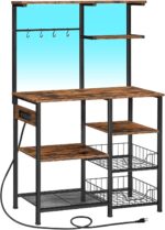 HOOBRO Bakers Rack with Power Outlet and LED Light, 6-Tier Microwave Stand with Wire Baskets, Coffee Bar Station, Kitchen Utility Storage Shelf with 4 Hooks, Rustic Brown and Black BF64UDHB01 - Image 2