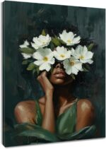 HVEST African American Women Wall Art Black Girl and White Floral on Green Abstract Canvas Wall Art Modern Aesthetic Black Woman Wall Decor for Bedroom Living Room Dorm Bathroom Decor,16L X 12W inches - Image 2