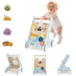 INFANS Wooden Baby Walker, Montessori Walker with Multiple Activity Toys, Storage, Push Walker Toys for Infant Learning to Walk, Sit to Stand Walker for Boys Girls (Light Blue) - Image 2