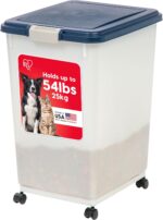 IRIS USA 54 Lbs / 69 Qt WeatherPro Airtight Pet Food Storage Container with Attachable Casters, For Dog Cat Bird and Other Pet Food Storage Bin, Keep Fresh, Easy Mobility, BPA Free, Navy/Pearl - Image 2
