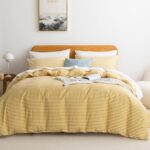 JELLYMONI 100% Natural Cotton 3pcs Striped Duvet Cover Sets,White Duvet Cover with Yellow Stripes Pattern Printed Comforter Cover,with Zipper Closure & Corner Ties(Cal King Size) - Image 2