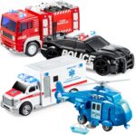 JOYIN 4 Packs Emergency Vehicle Toy Playsets, Friction Powered Vehicles with Light and Sound, Including Fire Truck, Ambulance, Play Police Car and Helicopter, Christmas Toddler Kids Boys Gifts - Image 2